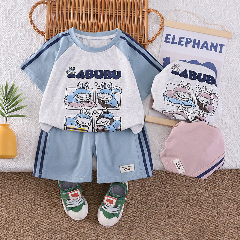 Boys' Summer Outfit 2026 New Fashionable Cartoon Sports Short Sleeve Set for 1-3 Year Old Boys and Girls