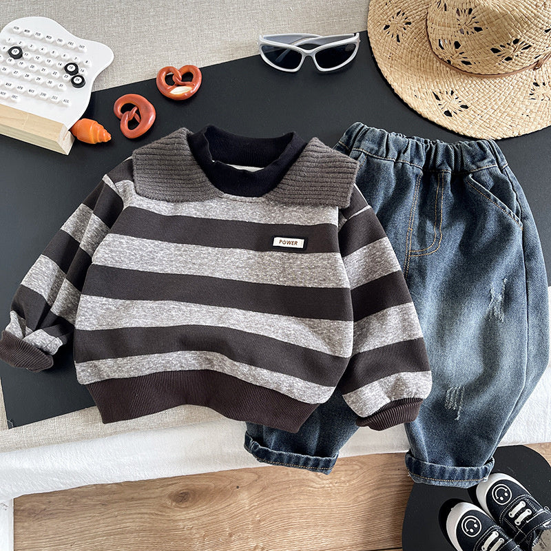 Boys' Outfit 2026 New Style Children's Turn-down Collar Wide Stripe Sweatshirt Two-piece Set Baby Spring and Autumn Casual Trend