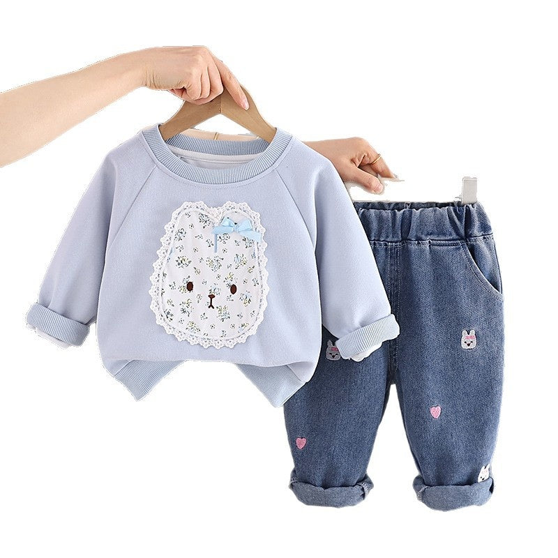 Girls' Stylish Fashionable Autumn Outfit Set 2026 New Baby Spring/Autumn Floral Bunny Sweatshirt Infant Long Sleeve