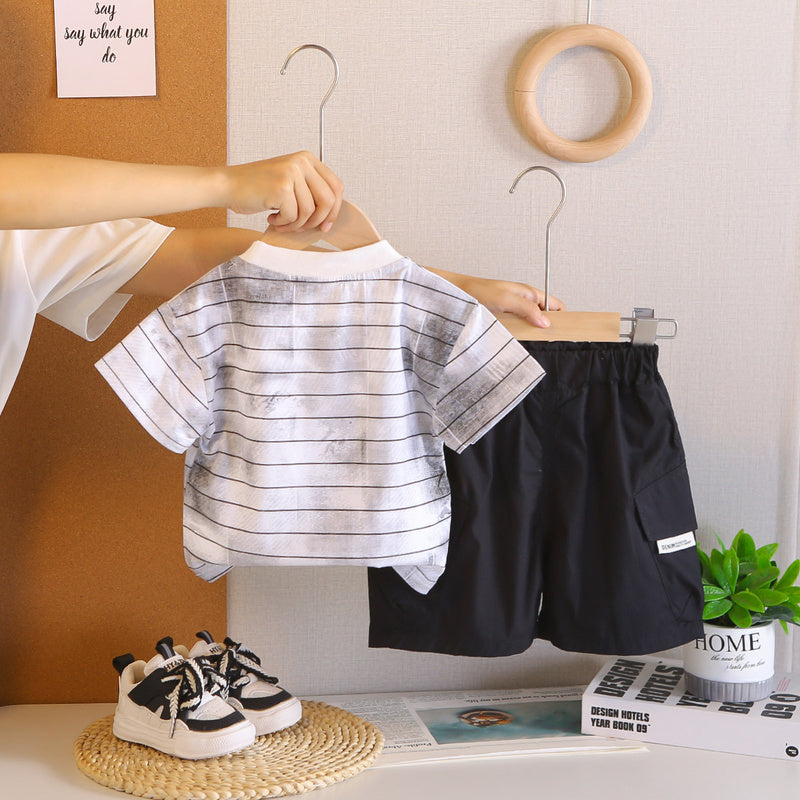 Boys' Outfit 2026 New Fashionable Two-Piece Set Baby Summer Striped Letter Pocket Short Sleeve Infant Trendy Clothing