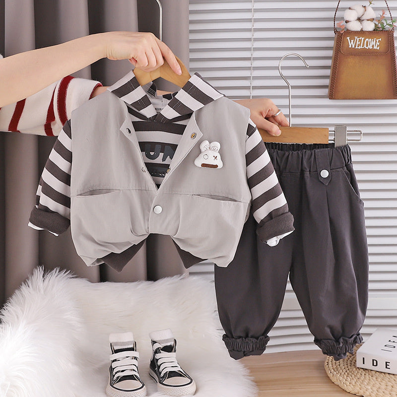 Boys' Set 2026 New Spring and Autumn Fashionable Baby Clothes Striped Vest Three-Piece Trendy Outfit