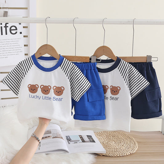 Baby outfit boys, infant clothing, toddler three bear print short-sleeve shorts, thin summer wear for boys