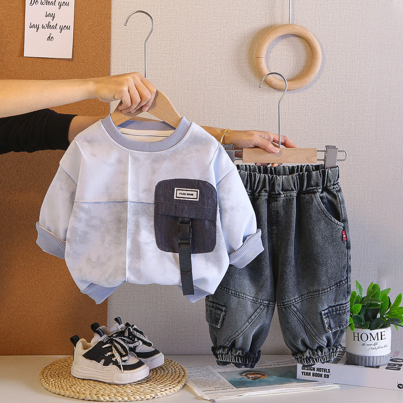 Boys' Round Neck Sweatshirt Set 2026 New Autumn Two-Piece Outfit Trendy Baby Casual Sports Children's Cool Clothes