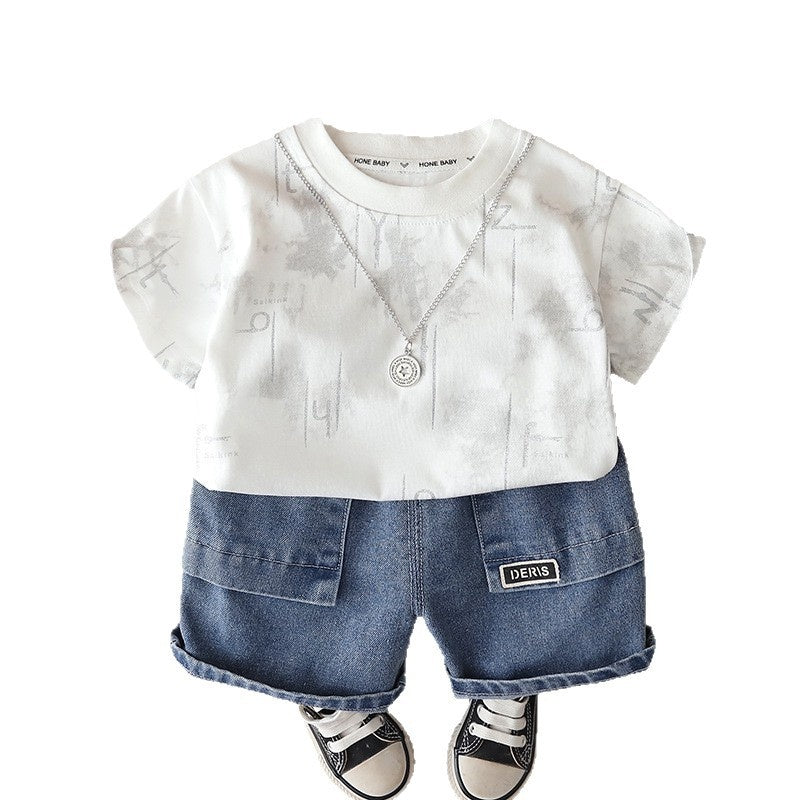 Boys' Summer Outfit 2026 New Fashionable Toddler Stylish Letter Print Short Sleeve Pants Baby Two-Piece Set