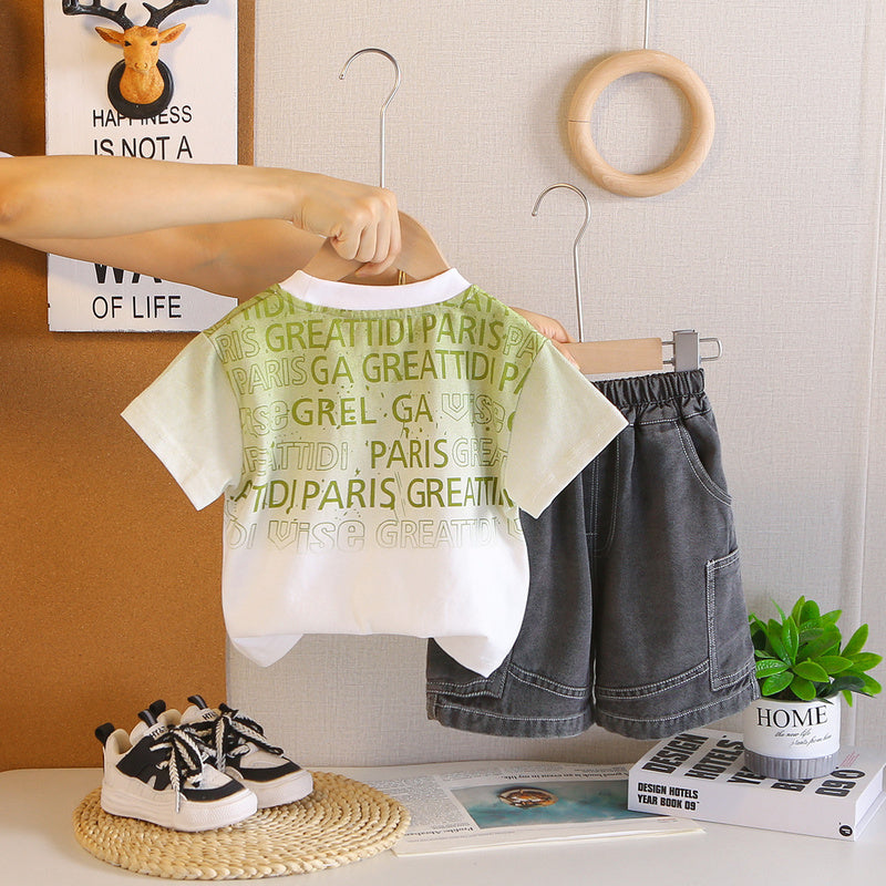 Boys' Outfit Gradient English Short Sleeve Set Stylish Baby Clothes 2026 New Model for Young Children Summer Fashion Clothing