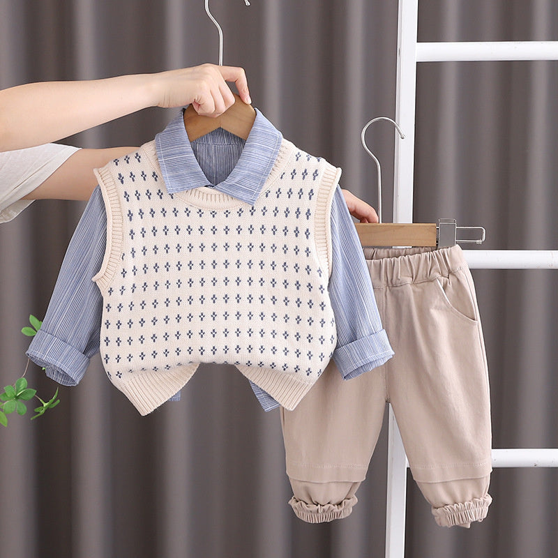 1 Year Old Baby Boy Outfit 2025 New Style 3 Boys Sweater Vest Three-Piece Set Spring and Autumn Infant Toddler Fashion