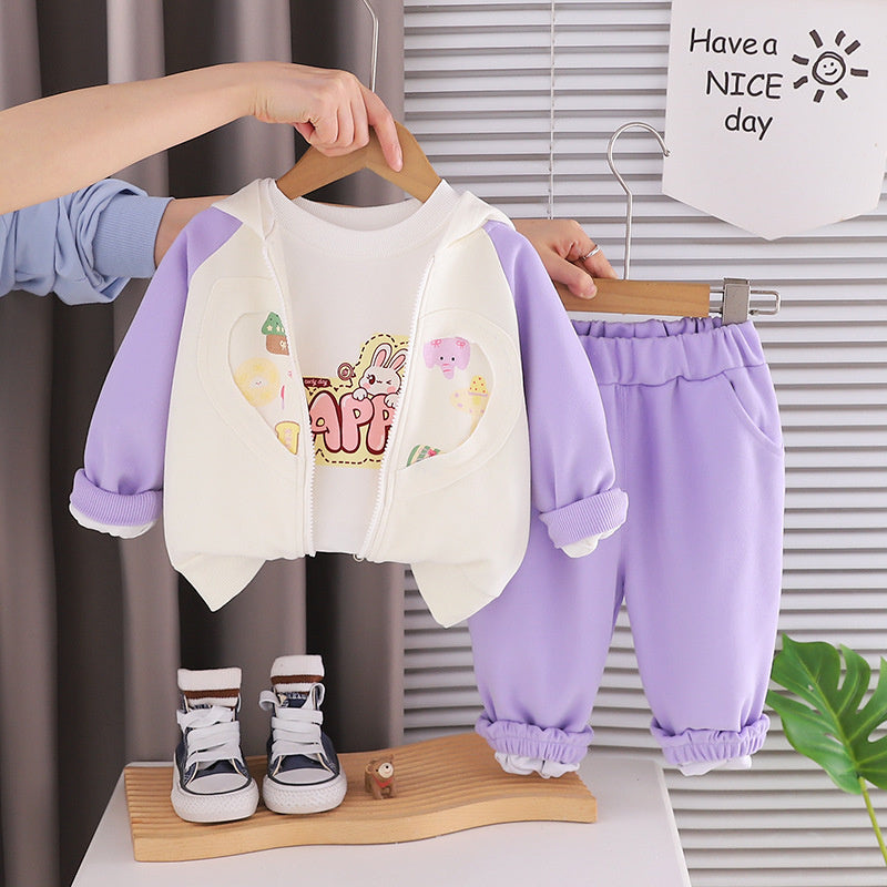 Girls' Outfit 2026 New Fashionable Children's Spring Autumn with Printed Hearts, Little Elephants, and Rabbits - Three-Piece Set