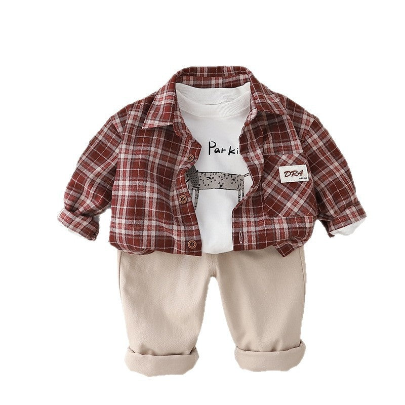 Boys' Spring and 2025 Autumn Outfit Korean Style Children's Fashionable Label Plaid Shirt Three-Piece Set Trendy