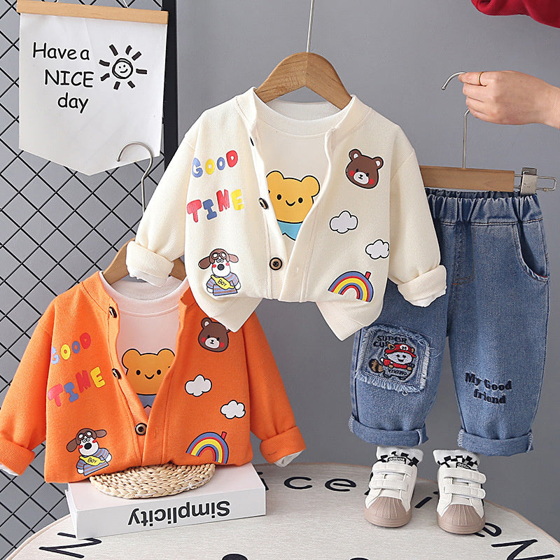 Boys' Outfit 2026 New Fashionable Bear Cardigan Three-Piece Set for Baby Boys Spring and Autumn Infant Children's Clothing