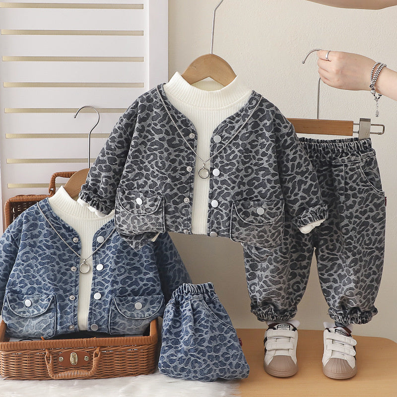 Girls' Outfit 2026 Children's Leopard Print Denim Three-Piece Set Baby Korean Style Spring and Autumn Fashion New Wholesale