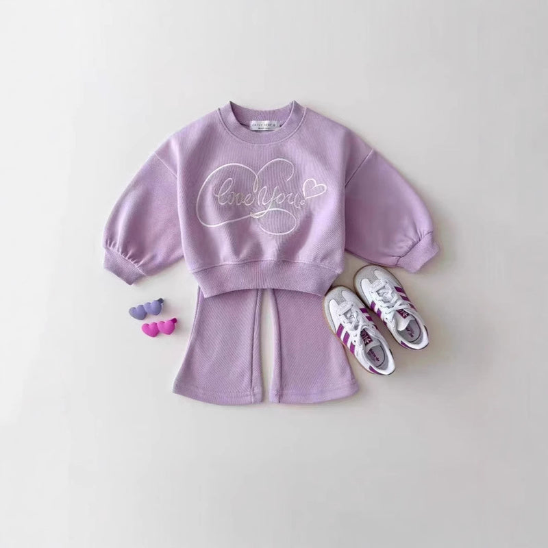 New Spring Autumn Korean Style Casual Heart Embroidery Bow Colorful Girls' Sweatshirt and Sweatpants Solid Color Two-Piece Set