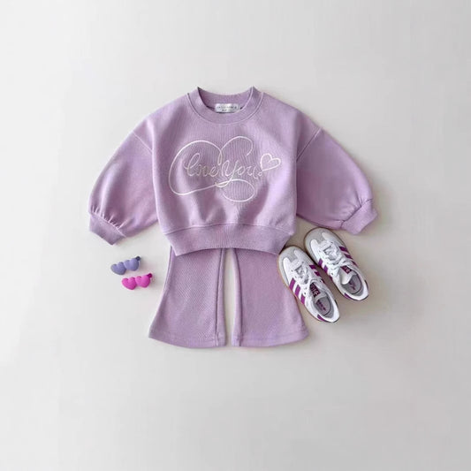 New Spring Autumn Korean Style Casual Heart Embroidery Bow Colorful Girls' Sweatshirt and Sweatpants Solid Color Two-Piece Set