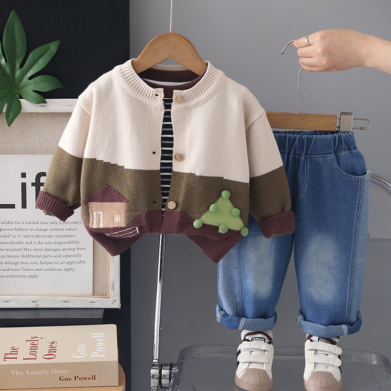 Boys' Outfit Set, New Spring Autumn Style Infants and Children, Stylish Korean Version House Sweater Long Sleeve Three-Piece Set for Boys