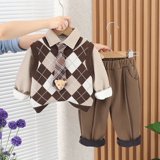 Baby Outfit Fashionable Stylish Fleece-Lined Children's Clothing Boys Winter Tie Pendant Bear Thickened Three-Piece Set Trendy