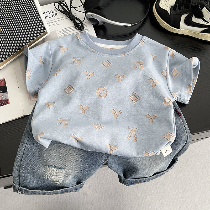 Boys' Outfit 2026 New Fashionable Toddler Summer Clothes with Printed Round Neck Short Sleeve Shirt and Jeans