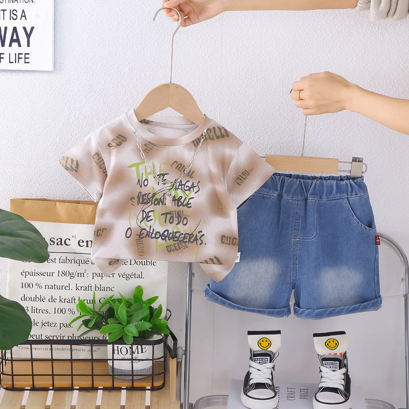 Baby clothes thin children's two-piece set stylish necklace short-sleeve outfit for one-year-old boys summer wear