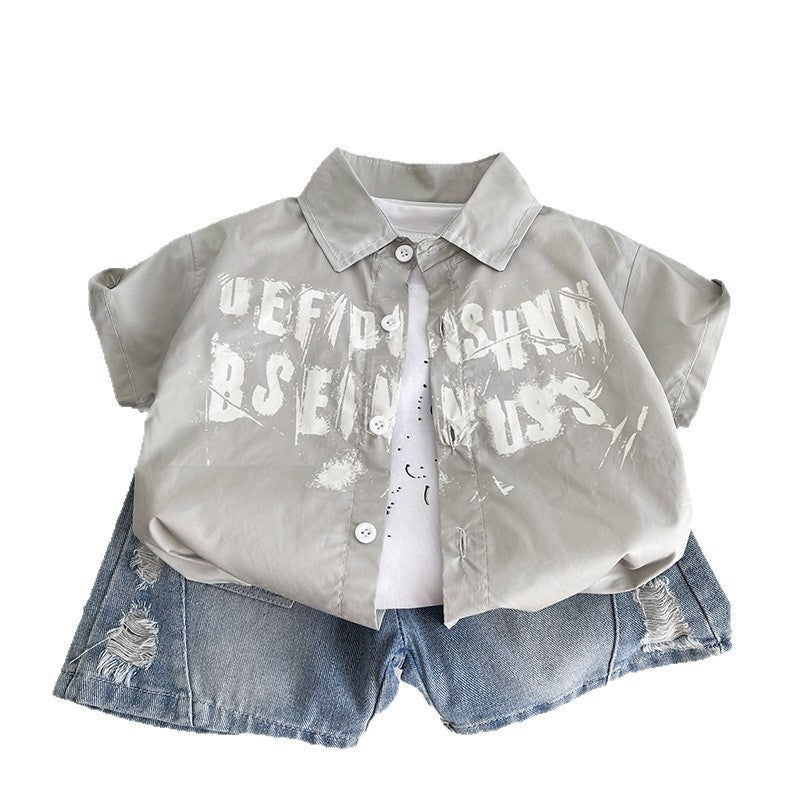 Boys' 2026 New Stylish Children's Short-Sleeve English Shirt Three-Piece Set Baby Summer Fashion