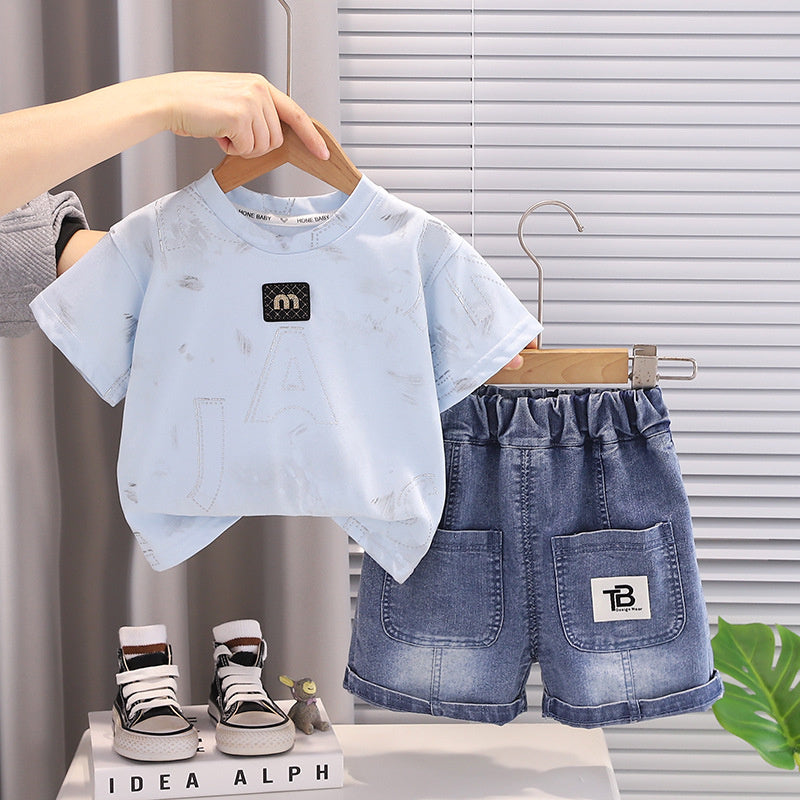 Boys' Summer Outfit 2026 New Style: Toddler Letter Chest Patch Round Neck Short Sleeve Shorts Baby Two-Piece Trendy Set
