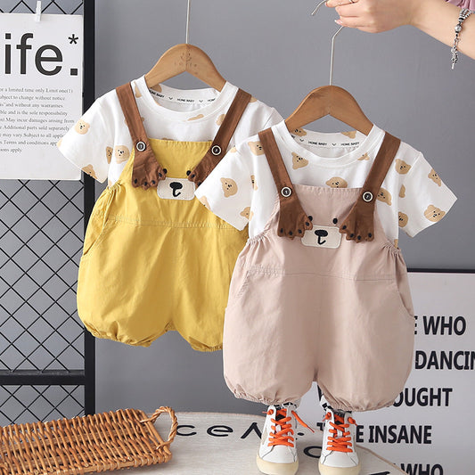 Boys' Outfit 2026 New Style Children's Stylish Bear Overalls Short Sleeve Two-Piece Set Summer Toddler Clothes