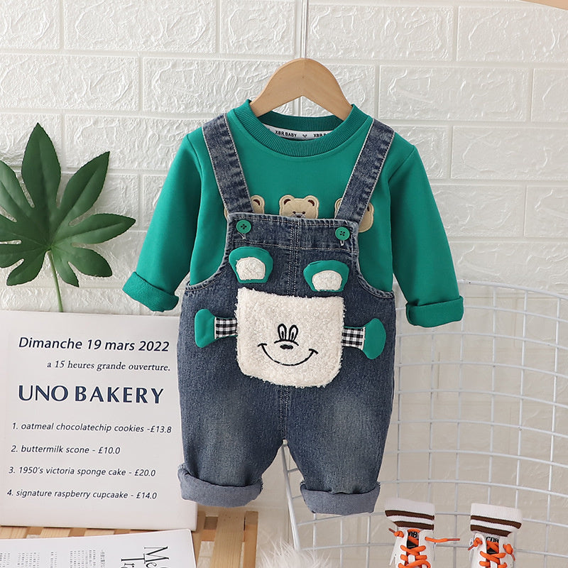 Children's Clothing Boys' Spring 2024 New Fashionable Cartoon Sweatshirt with Straps Two-Piece Set for Boys