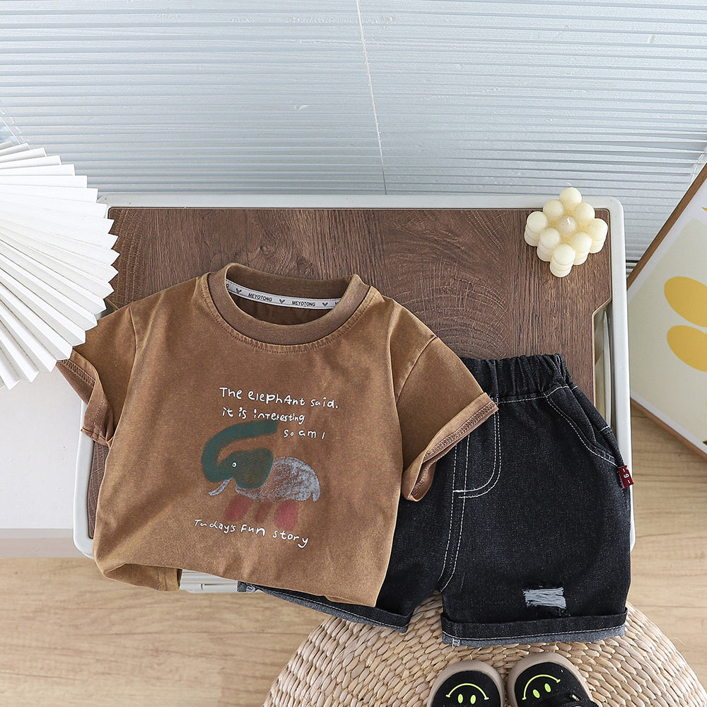 Boys' Outfit 2026 New Baby Elephant Round Neck Short Sleeve Two-Piece Set Children's Summer Clothes Trendy Kids' Clothing