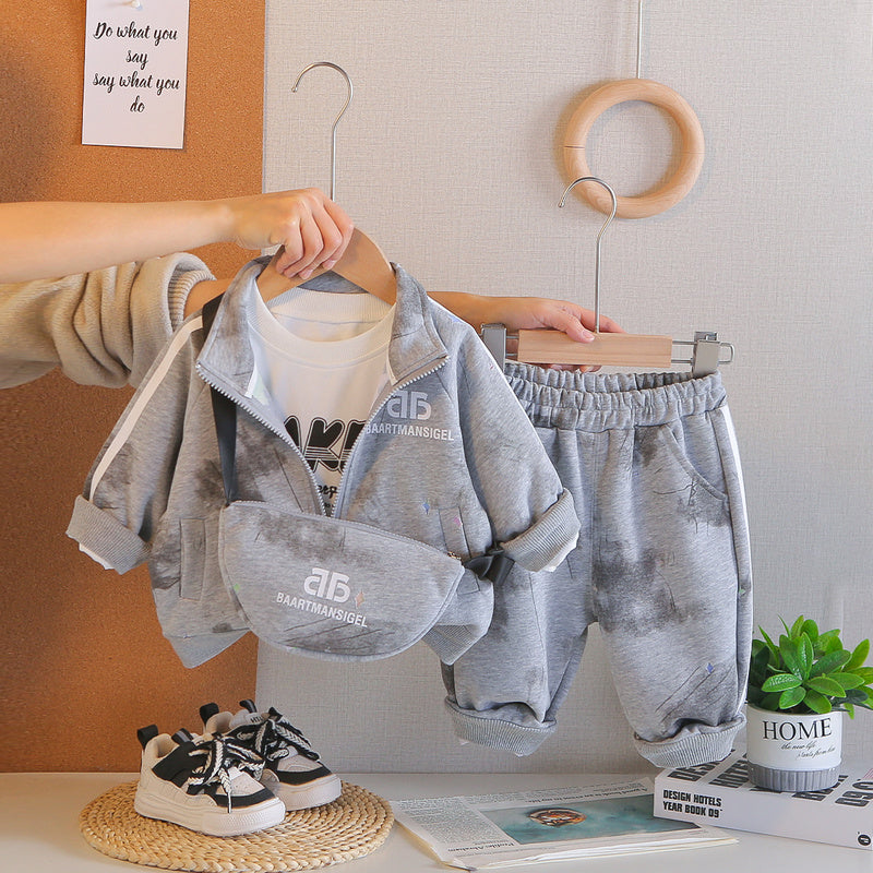 New Spring Letter Print Zipper Three-Piece Set for Baby Boys, Infant and Toddler Long-Sleeve Casual Versatile Outfit, Trendy