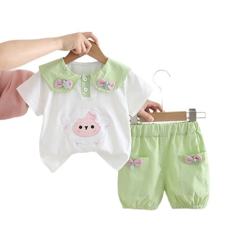 Summer style girls' short-sleeve with lamb doll collar, fashionable outerwear set, trendy Korean version, new summer stylish outfit for toddlers