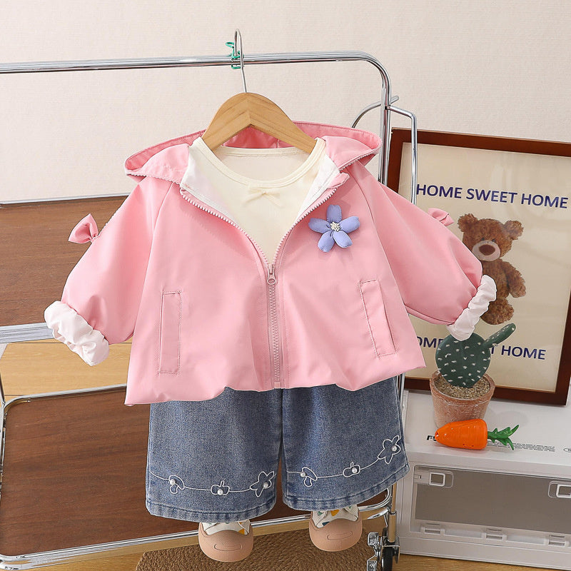 Girls' Outfit 2026 New Fashionable Floral Trench Coat Long Sleeve Three-Piece Set for Children Spring and Autumn Clothing