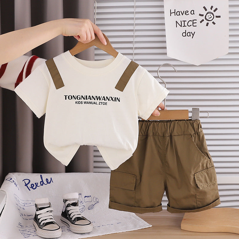 Boys' Short-Sleeve Outfit 2026 New Fashionable Fake Backpack Two-Piece Set Summer Children's Sportswear Trendy