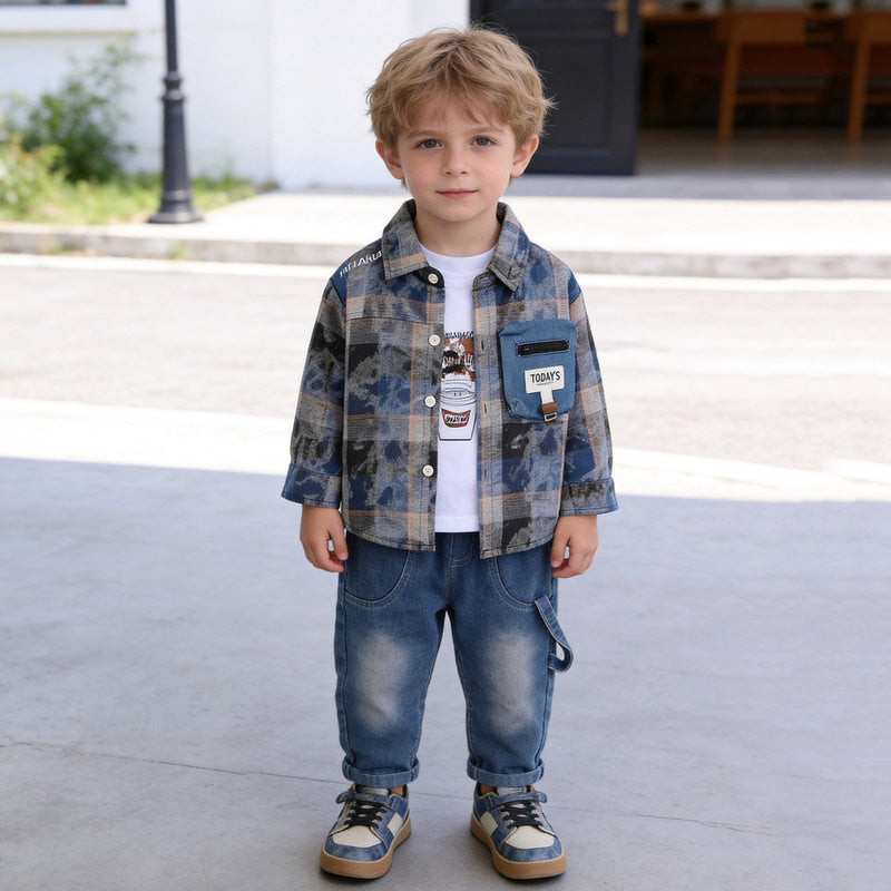 Boys' Korean-style outfit 2026 collection, new spring and autumn stylish plaid tie-dye shirt three-piece set for toddlers