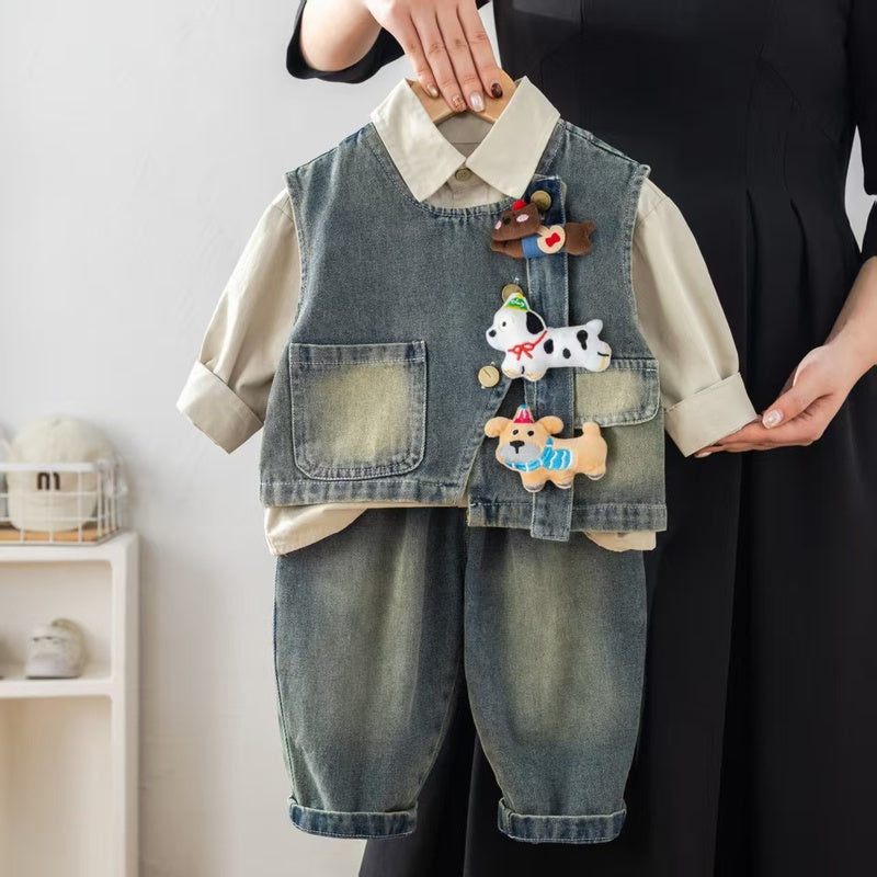 Boys' outfit set, stylish three-piece set for one-year-old babies, spring autumn puppy denim vest, trendy infant and toddler clothing