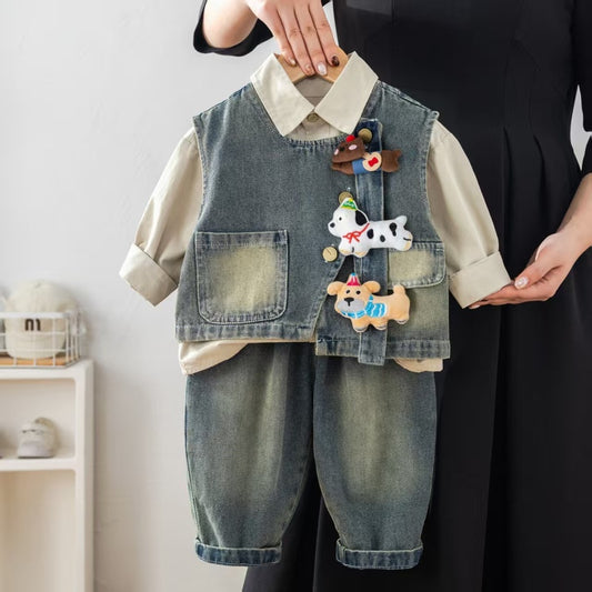 Boys' outfit set, stylish three-piece set for one-year-old babies, spring autumn puppy denim vest, trendy infant and toddler clothing