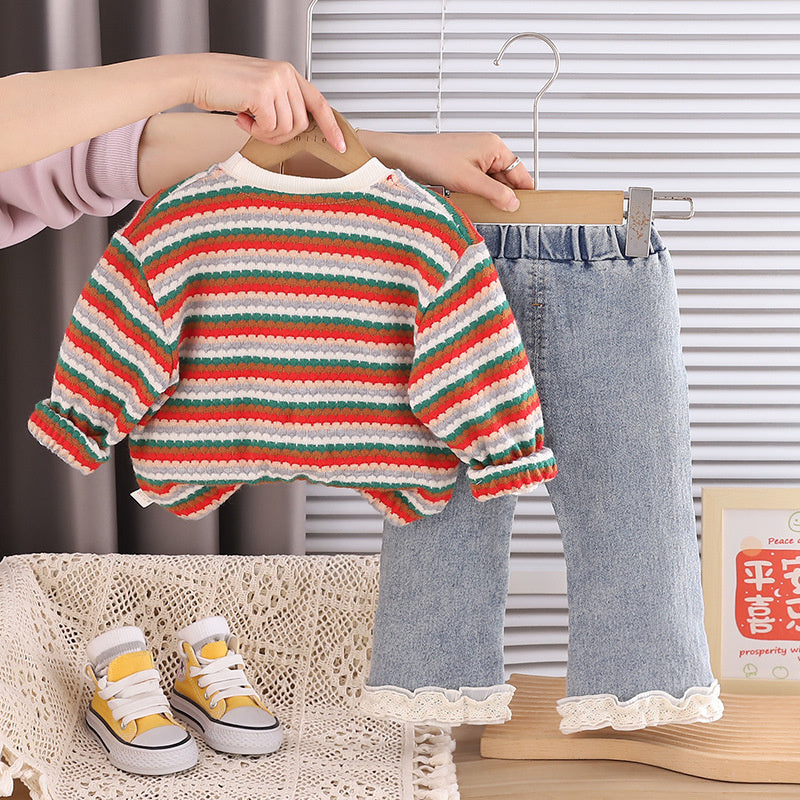 Girls' and Autumn 2, Children's Clothing, Stylish Girls, Striped Sweater Three-Piece Set, Spring Outfit for 1-Year-Old Baby Girls