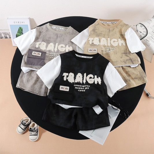 Boys' Outfit 2026 New Children's Clothing Summer Thin Style Baby Patchwork Short Sleeve Two-Piece Set Trendy and Cool