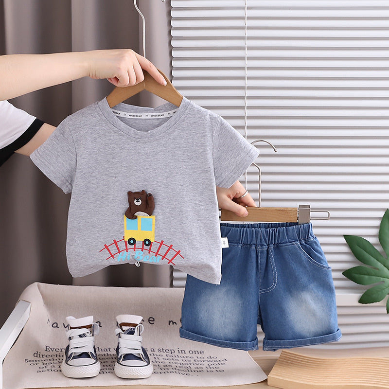 Baby Boy Train Bear Two-Piece Set 2026 New Summer Infant Short Sleeve Outfit 1-3 Years Old