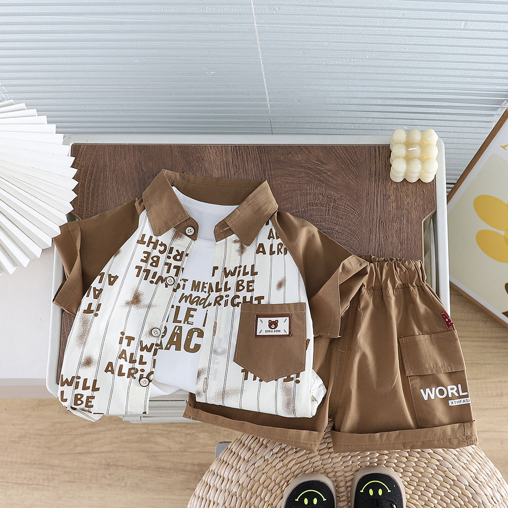 Baby boy letter print striped shirt three-piece 2026 new style infant summer short-sleeve set