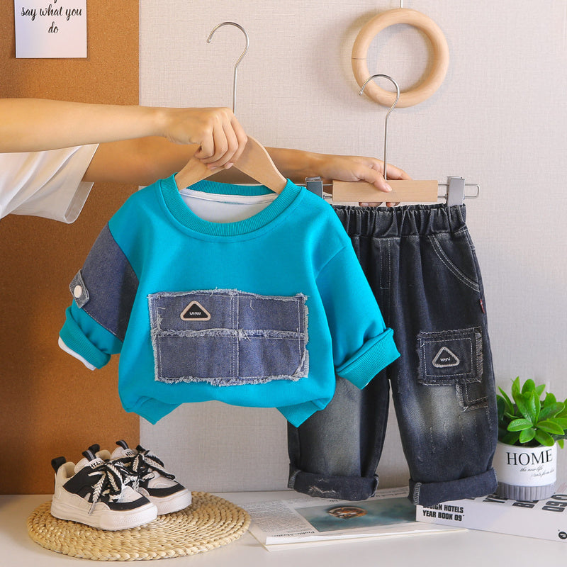 2026 Spring and Autumn New Style Boys' Korean Version Patchwork Denim Loose Sweatshirt with Spliced Sleeves, Two-Piece Set for Young Children