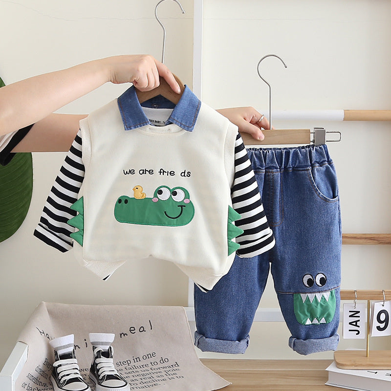 Children's Clothing Boys' 2024 New Cute Crocodile Vest Three-Piece Set Baby Autumn Stylish Cartoon Kids