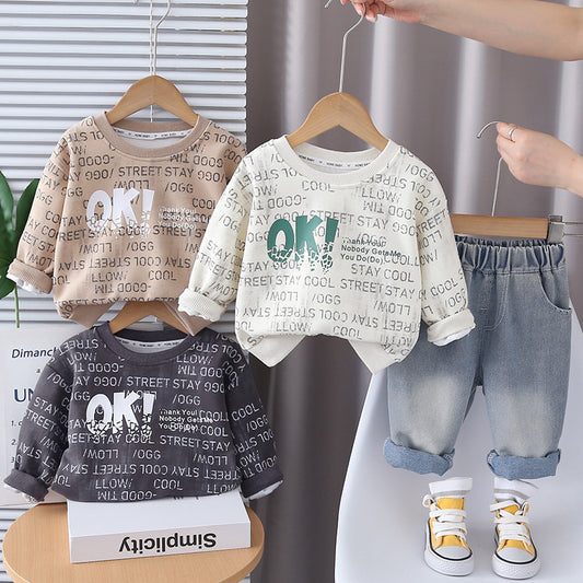 Boys' Outfit 2025 New Stylish Children's Baby Casual Spring and Autumn Letter Round Neck Sports Two-Piece Set