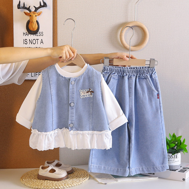 Baby Clothes Spring and Autumn, Cute Long-Sleeve Denim Lace Vest Three-Piece Set for Girls, 0-2 Years Old, Wholesale