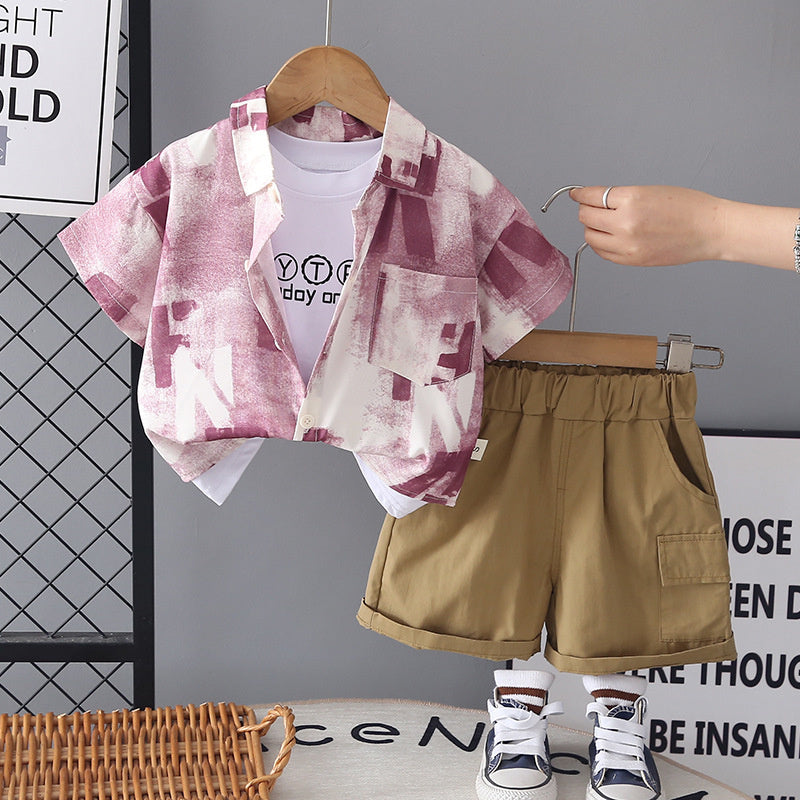Boys' clothing for ages 1-4, 3-year-old children's wear, 2-year-old baby set, summer letter-print shirt short-sleeve three-piece trendy outfit