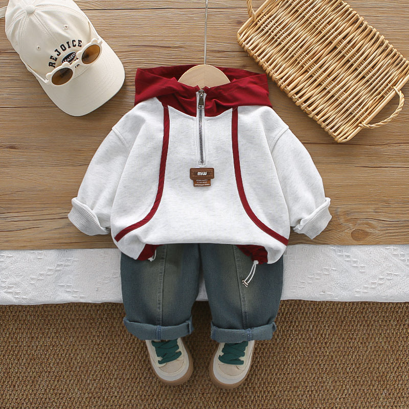 Boys' Outfit 2026 New Children's and Autumn Color-Block Sweatshirt Two-Piece Set Stylish Baby Spring Clothes