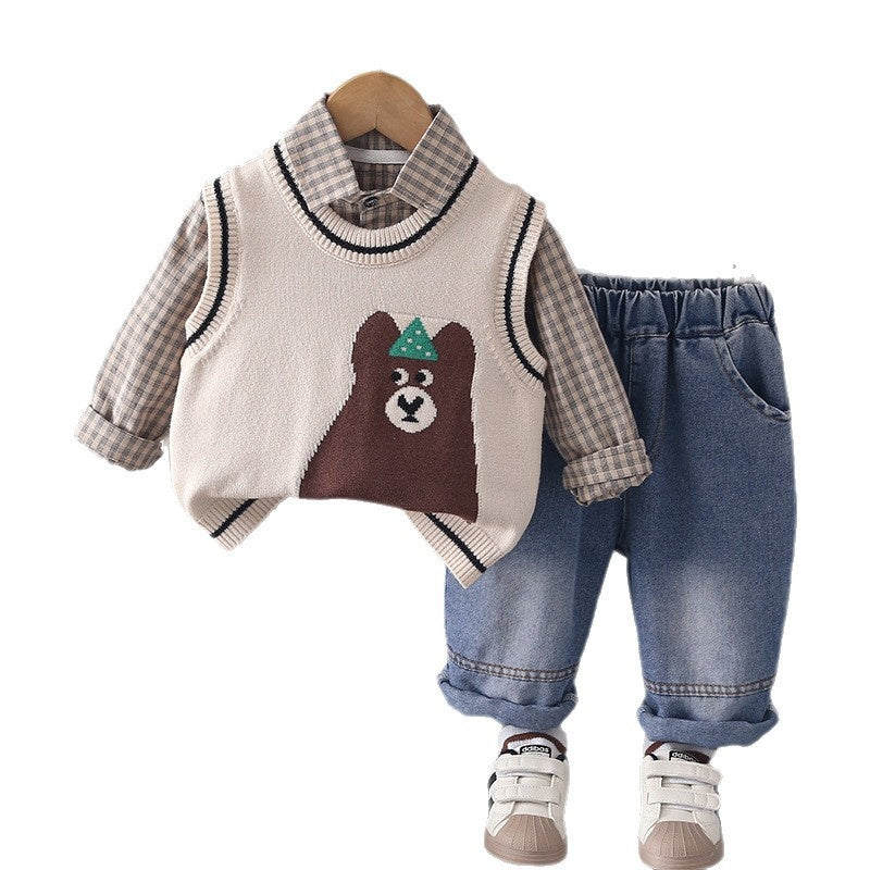 Boys' Outfit 2026 New Spring and Style Children's Fashionable Baby Autumn Casual Cartoon Big Bear Sweater Three-Piece Set
