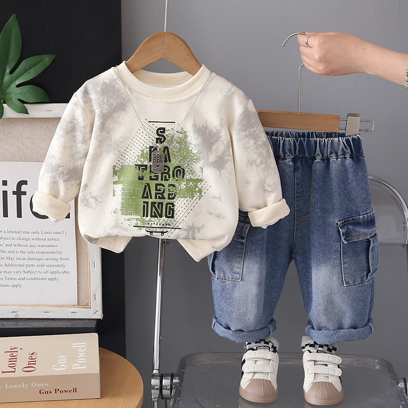 Boys' Spring and Autumn Outfit 2026 New Fashionable Casual Wear for Babies, Children's Letter Sweatshirt Two-Piece Set Trendy