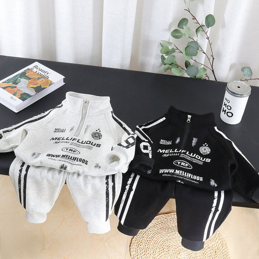 Boys' Outfit, Stylish New 2026 Baby Half-Zip Sweatshirt Two-Piece Set, Cool Long-Sleeve Spring and Autumn Clothing