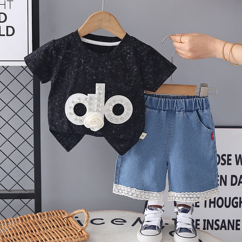 Girls' Summer Outfit 2026: Baby with Rhinestone Letters, Short-Sleeve Denim Shorts, New Trendy Two-Piece Set