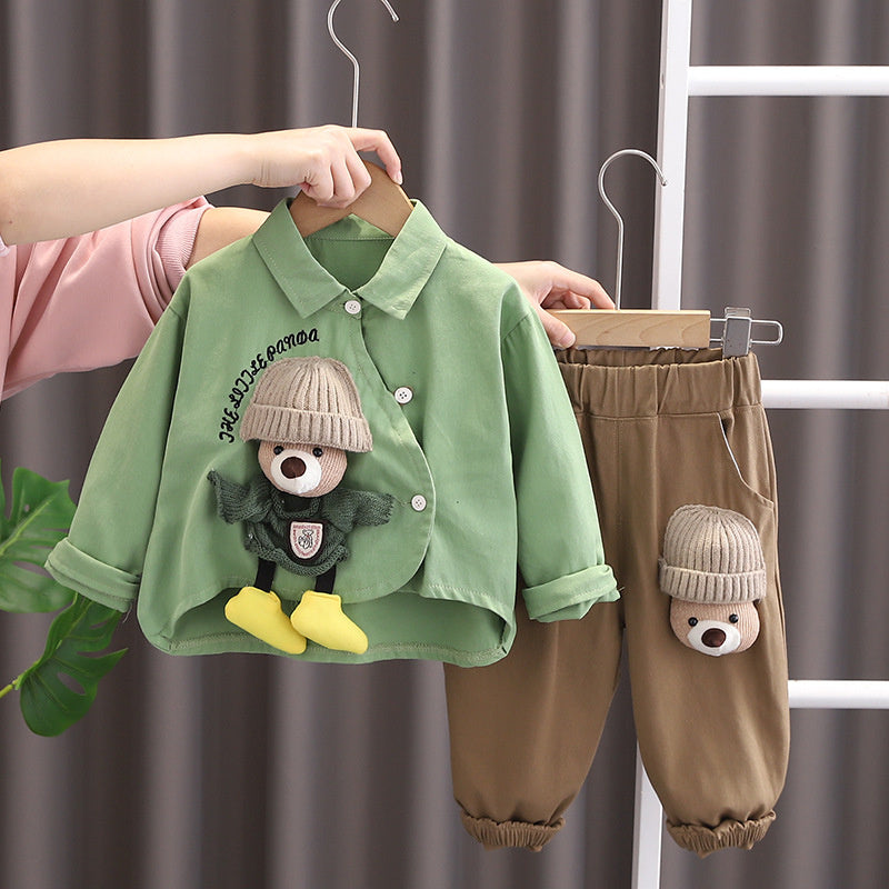 Baby Stylish Fashionable Outfit 2025 New Children's Plush Bear Shirt Two-Piece Set Boys Spring and Autumn Long Sleeve