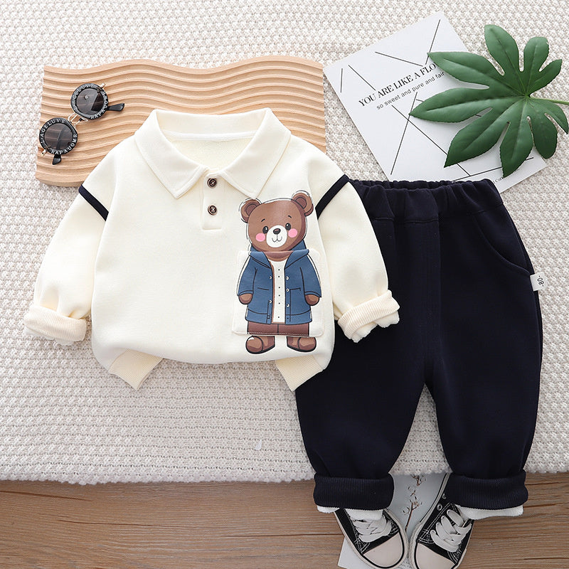 Boy Fleece Pocket Bear Button-Up Shirt Set 1-3 Years Old Winter Two-Piece Baby Clothes One Piece Dropshipping