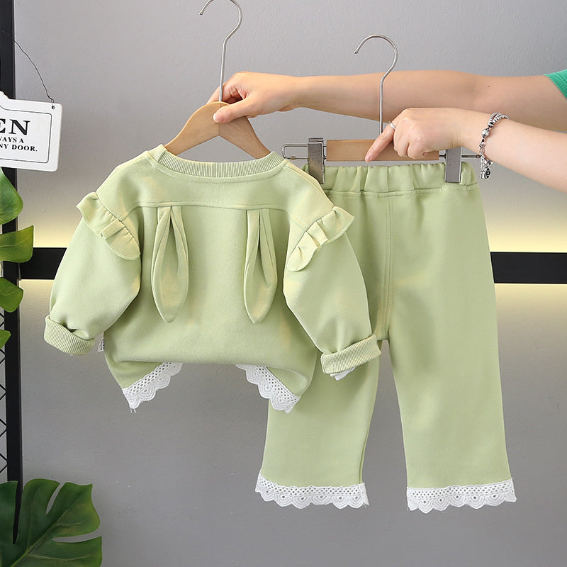 Girls' Lace Trim Bunny New Korean Style Fashionable Baby Casual Spring Autumn Sweatshirt for Outerwear