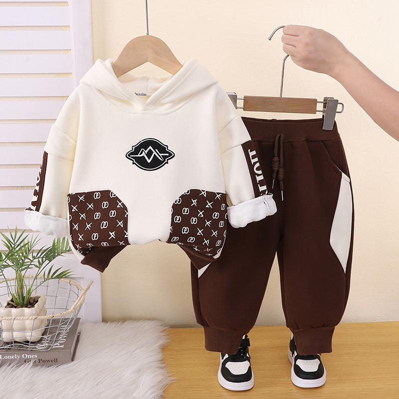 Boys' Autumn and Outfit 2026 New Korean Style Stylish Children's Winter Clothing Baby Fleece-Lined Color-Block Sweatshirt Two-Piece Set